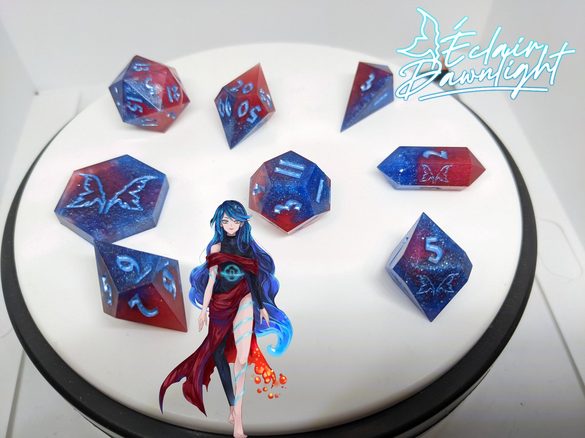 DawnlightDice's tweet photo. Hello everyone hope you're having a wonderful day, next repost is the set i made for my lovely vtuber sis @MiraVtuber 
"Remnant Memories"
when you look close you can see the aether spiral within the 12 &amp; 20 #MiraImage https://t.co/vLJnlYN5Hl
