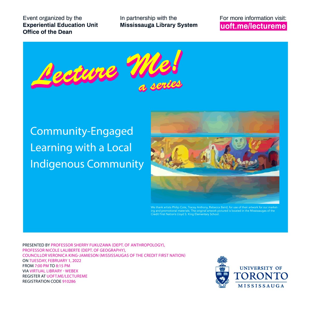 DeansOffice_UTM's tweet photo. 📢 TUESDAY Feb 1:

Profs Sherry Fukuzawa @UTM_Anthro &amp; Nicole Laliberté @UTM_GGE are delivering #LectureMe along with Councillor Veronica King-Jamieson.

They’ll discuss community-engaged learning with a local Indigenous community.

All welcome!

Register: https://t.co/MImPwyUS3N https://t.co/NPzDCOw3eF