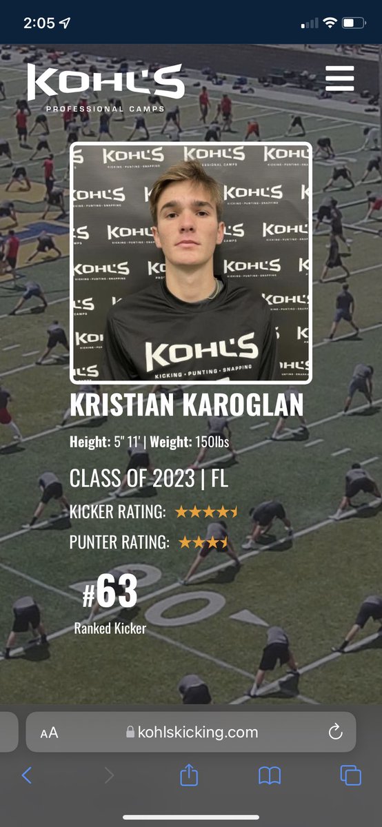 After a great Future Stars camp, I’m happy to say that I’m the #63 ranked kicker in the class of 2023⁦. @CoachMike_AC⁩ ⁦<a href="/Coach_Smithey/">coach_smithey</a>⁩ ⁦@AC_StingraysFB⁩ ⁦<a href="/KohlsKicking/">Kohl's Kicking Camps</a>⁩