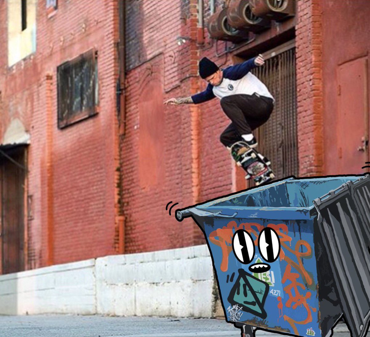 sidewalkersnft's tweet photo. Dustin in the wild! A friendly dumpster who also serves as the perfect grind spot 🔥 #nftart #nyc #nycskate #nftcollection https://t.co/JeUmLxwsQm
