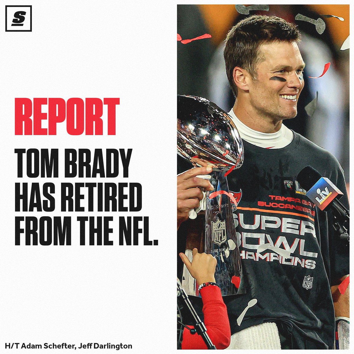 theScore's tweet photo. BREAKING: Tom Brady is reportedly hanging up his cleats. 🐐🤯 https://t.co/J7etLkWFqC