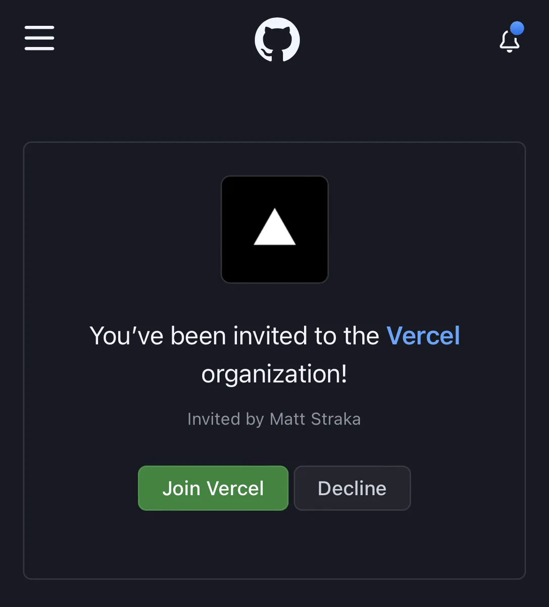 Screenshot of being invited to the vercel github organization