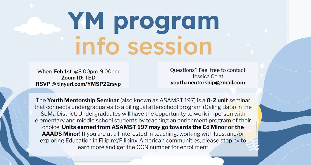 ucbpass's tweet image. Hi, community! Please join us for our Youth Mentorship info session on Tuesday, February 1!

RSVP here: tinyurl.com/YMSP22rsvp