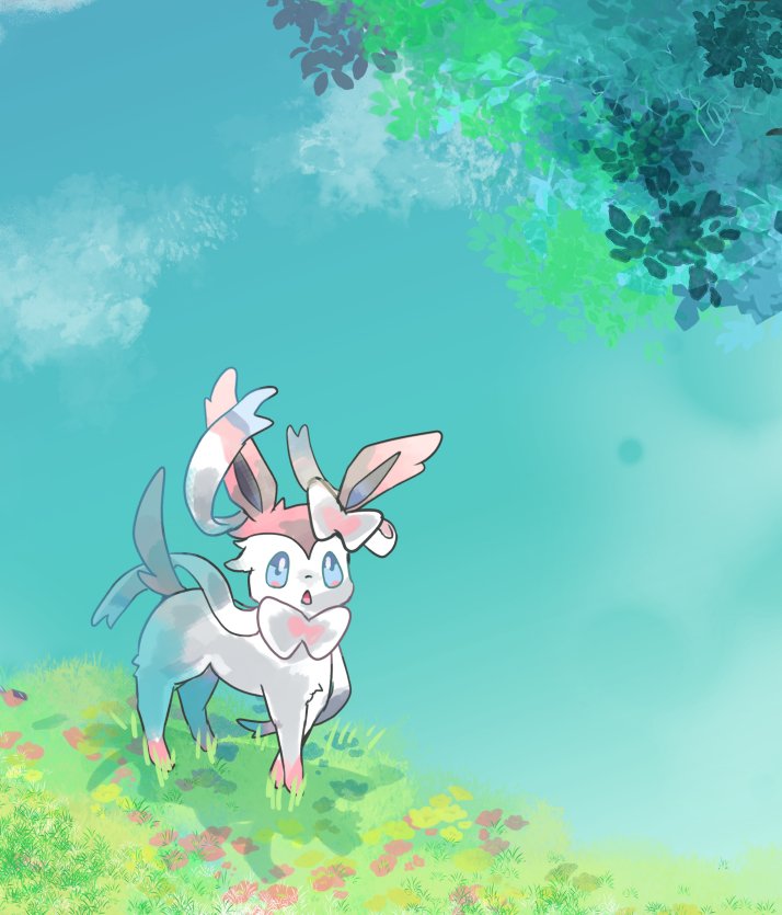 sylveon no humans pokemon (creature) outdoors solo day grass sky  illustration images