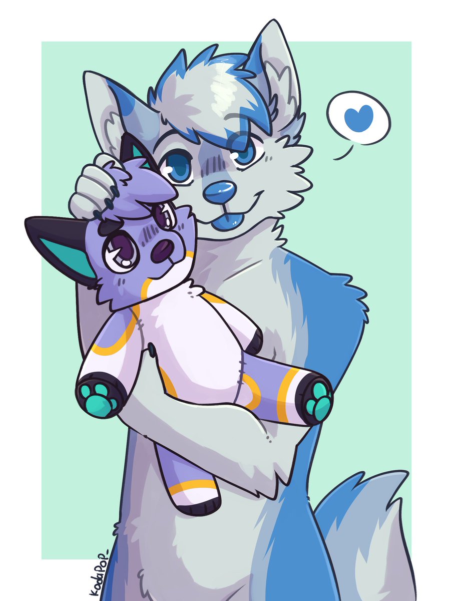 Jay happily holding up a plushie of Flowdy with a heart speech bubble