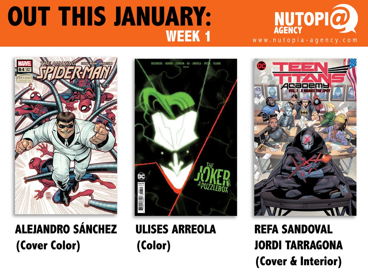 nutopiaagency's tweet photo. OUT THIS JANUARY! This month you can enjoy the awesome art of our artists in a lot of titles like: Amazing Spiderman, NightWing, Teen Titans Academy, Vampirella, King Spawn and many more #spiderman #Superman #Joker #teentitans #robin #nightwing #vampirella #thescorched #Aquaman https://t.co/5Hg6FMjAPX
