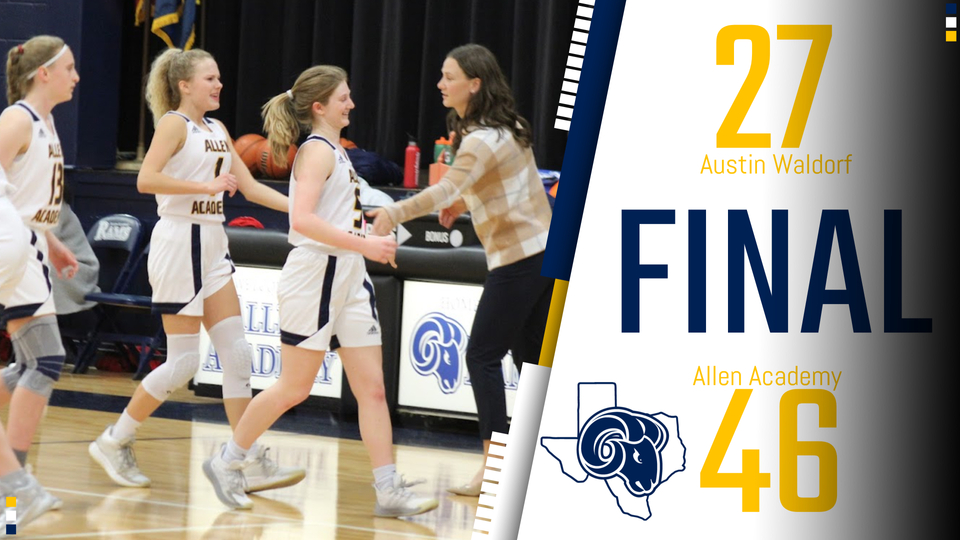 Allen Academy Athletics (@allen_athletics) on Twitter photo TAPPS 2A Girls Non-District Basketball
Final Sat. 1/29
Austin Waldorf 27
Allen Academy 46
Lady Rams Overall Record 8-16, District 2-1
@KAGS_Justin <a href="/DarrylBruffett/">Darryl Bruffett</a> <a href="/TylerShawSports/">Tyler Shaw</a>
<a href="/BrazosSports/">BrazosSports</a> <a href="/AlexMill20/">Alex Miller</a> <a href="/AbigailOchoa88/">abigail</a>
<a href="/LSCSN/">Lone Star Christian Sports Network (LSCSN)</a> <a href="/TexasHoopZone/">SBS</a> <a href="/Tabchoops/">𝙏𝘼𝘽𝘾🏀📋</a>
<a href="/ScoopSports/">DaveCampbellSports</a> <a href="/TAPPSbiz/">TAPPS</a> TAPPS 2A Girls Non-District Basketball
Final Sat. 1/29
Austin Waldorf 27
Allen Academy 46
Lady Rams Overall Record 8-16, District 2-1
@KAGS_Justin <a href="/DarrylBruffett/">Darryl Bruffett</a> <a href="/TylerShawSports/">Tyler Shaw</a>
<a href="/BrazosSports/">BrazosSports</a> <a href="/AlexMill20/">Alex Miller</a> <a href="/AbigailOchoa88/">abigail</a>
<a href="/LSCSN/">Lone Star Christian Sports Network (LSCSN)</a> <a href="/TexasHoopZone/">SBS</a> <a href="/Tabchoops/">𝙏𝘼𝘽𝘾🏀📋</a>
<a href="/ScoopSports/">DaveCampbellSports</a> <a href="/TAPPSbiz/">TAPPS</a>