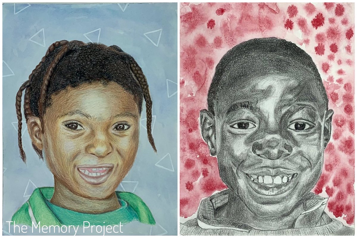 ScottoArt's tweet image. Art 4 students made portraits as gifts to impoverished children in Africa. These were made by seniors Halle, Morgan, Alia and Kenzie💙 #thememoryproject #spreadkindness @gobluechs
