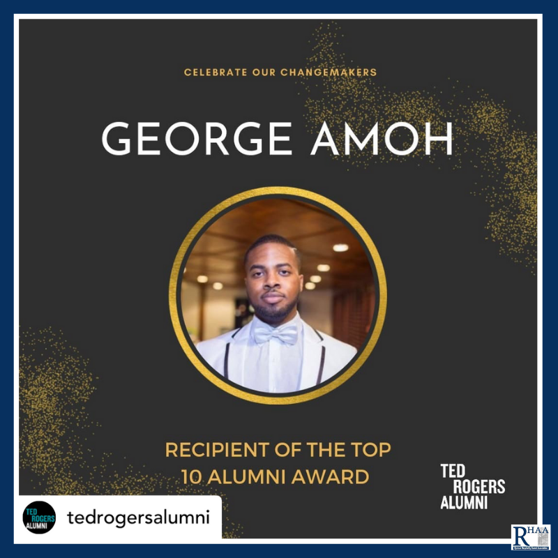 trhaa_tmu's tweet photo. Congratulations to #HTMAlumni George Amoh who is another recipient of the top 10 alumni award from #TRSMAlumni! George is a 2019 Alumnus and is passionate about sustainable entrepreneurship! #RHAA #Ryerson #HTM https://t.co/MU5Vl5vTFp