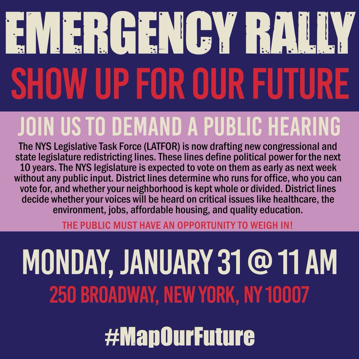 apavoicenewyork's tweet photo. We must protect marginalized communities under the Voting Rights Act. Join us on Mon, Jan. 31 at 11 am for an Emergency Rally at 250 Broadway to demand #LATFOR hold a public hearing. #MapOurFuture @GovKathyHochul @NYSenate @NYSA_Majority @NYS_AM https://t.co/Qmxhd7PD1Z