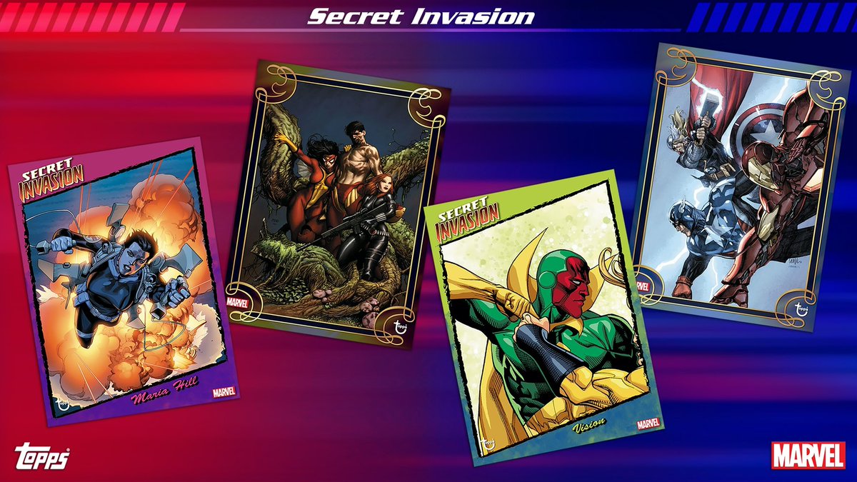 JasmineVMC's tweet photo. The Invasion has begun! New designs I created are on the Marvel Collect App by Topps. You can find these designs under secret invasion. #topps #tradingcards #nonsports #design #graphicdesign #femaleartist #toppsartist #marvelartist #toppsdigital #marvel #marvelcollect https://t.co/U2BAjfCNBH