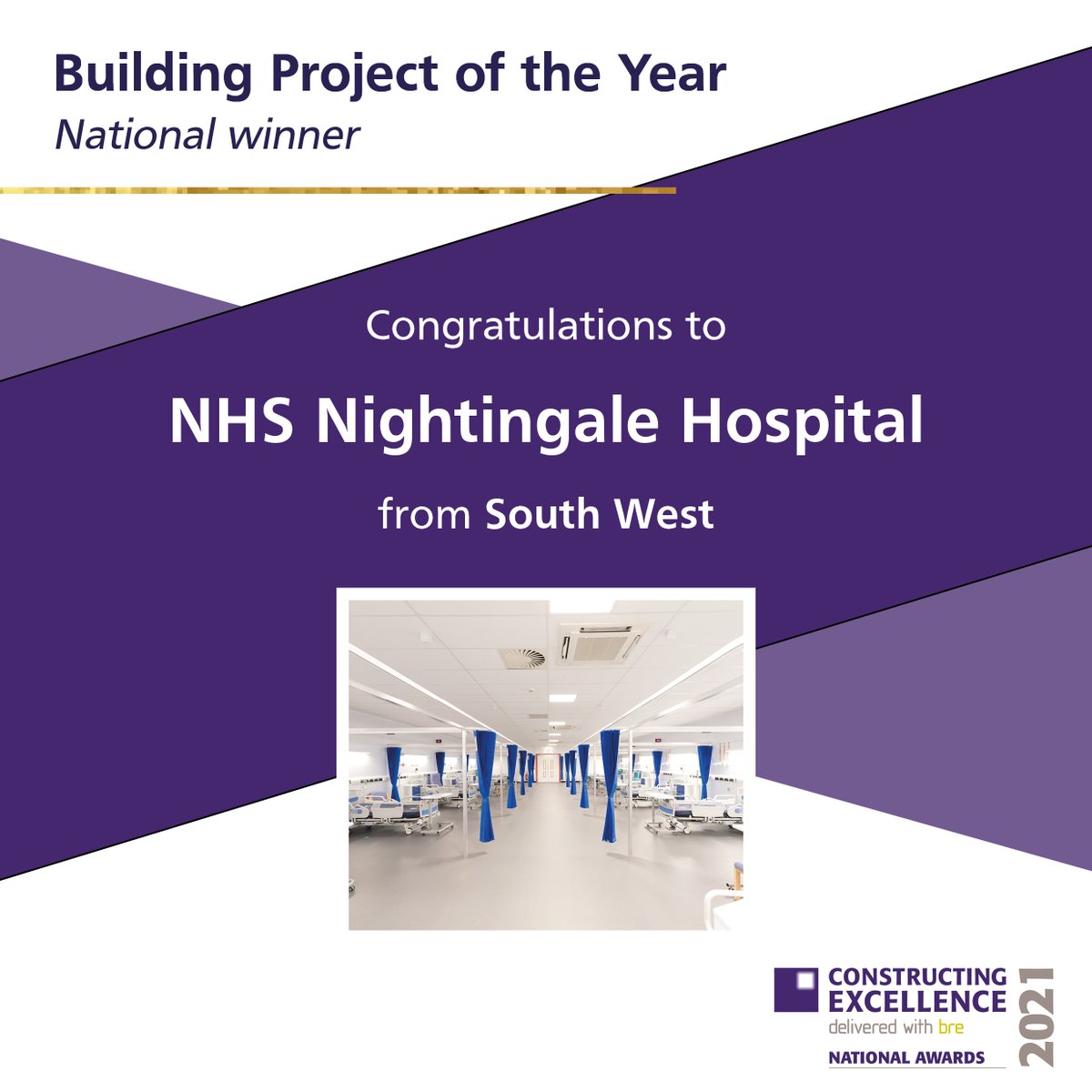 Last but not least, we have the Building Project of the Year award. 

The National Winner goes to - the NHS Nightingale Hospital from South West! This iconic project represents the highest standard of building and construction. 

Thank you for your support to #CE2021Awards!