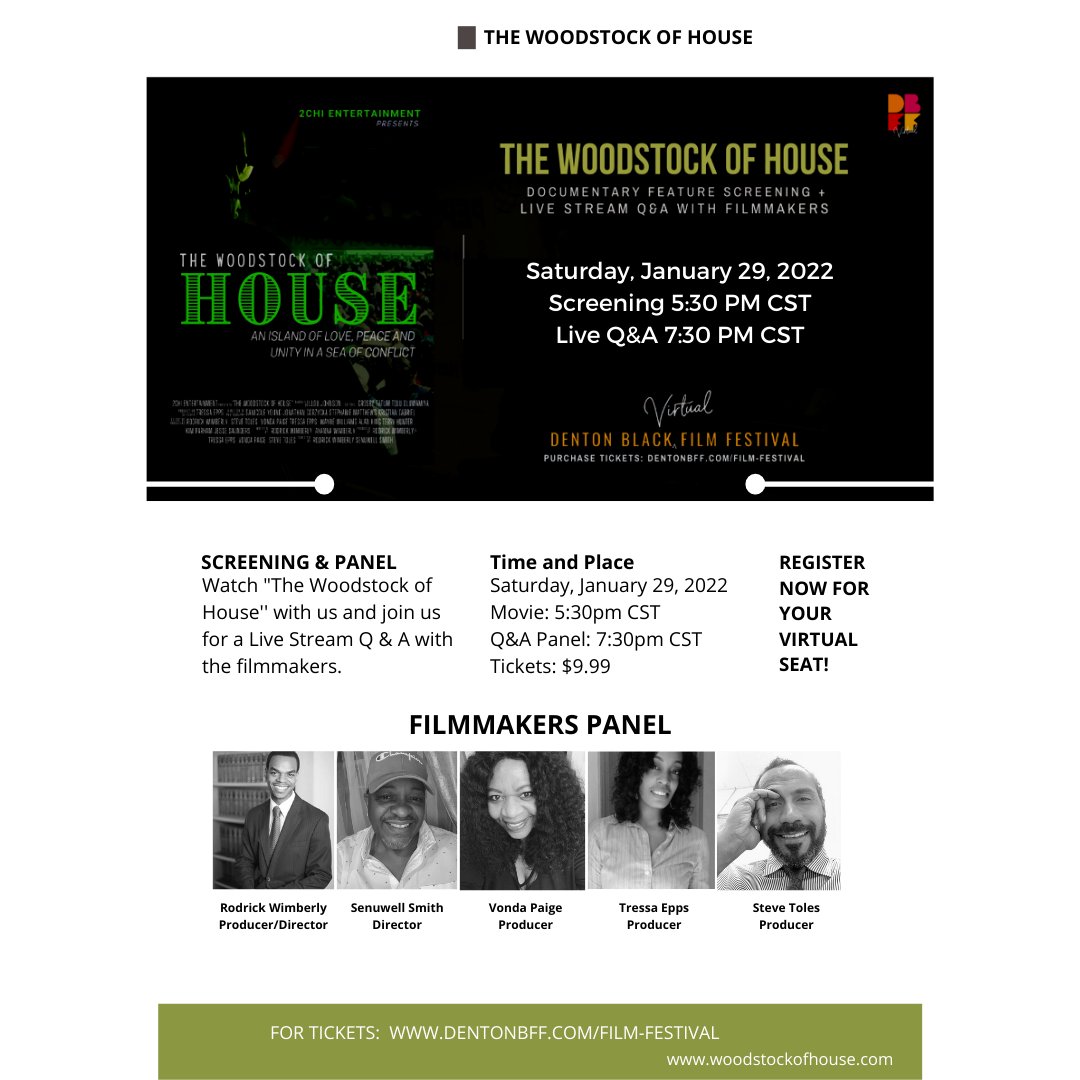 Got your ticket? Watch The Woodstock of House for $9.99 with the Denton Black Film Festival at 5:30PM CST TODAY and stick around for the filmmakers Q&amp;A at 7:30PM CST! Tickets: dentonbff.com/film-festival/
#HouseHead4Life #producer #documentary #2CHi <a href="/DentonBFF/">Denton Black Film Festival</a>