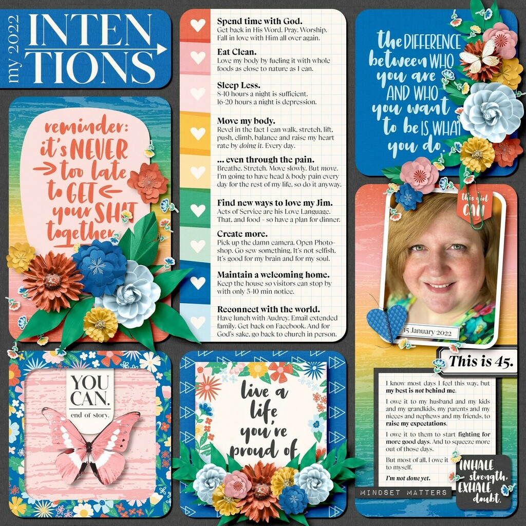 angiekey's tweet photo. I don't do Resolutions, but I will do Intentions. And because I'm usually sick the first week or two of the year, the perfect time to set them is on my birthday. So here are my Intentions for 2022.
.
#digiscrap supplies from #scrapbooking kit Filled With… https://t.co/p1jgx0JFPj https://t.co/34jD9tXU17