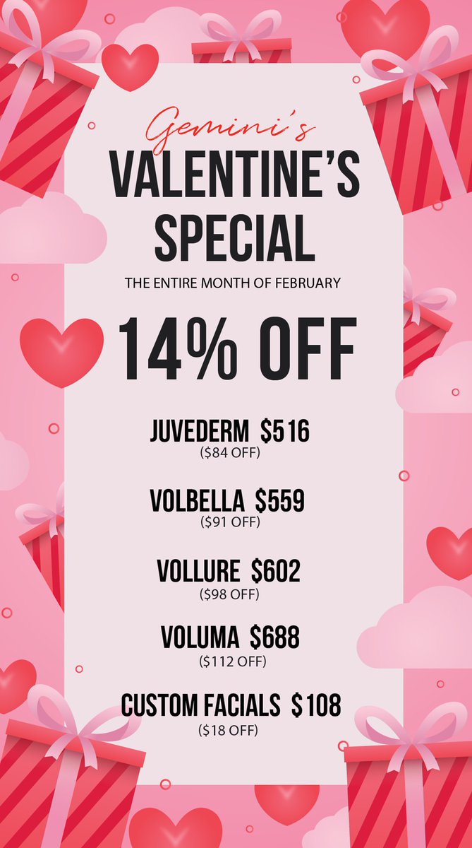 GeminiPlastics's tweet photo. Gemini Plastic Surgery's π#Valentine's 14% Off Specials
-
π #Juvederm $516 ($84 OFF)
-
π #Volbella $559 ($91 OFF)
-
π #Vollure $602 ($98 OFF)
-
π #Voluma $688 ($112 OFF)
-
π #CustomFacials $108 ($18 OFF)
-
Offer Valid The Entire Month of #February
https://t.co/xBBvEutrUN https://t.co/90MPkHJVOE