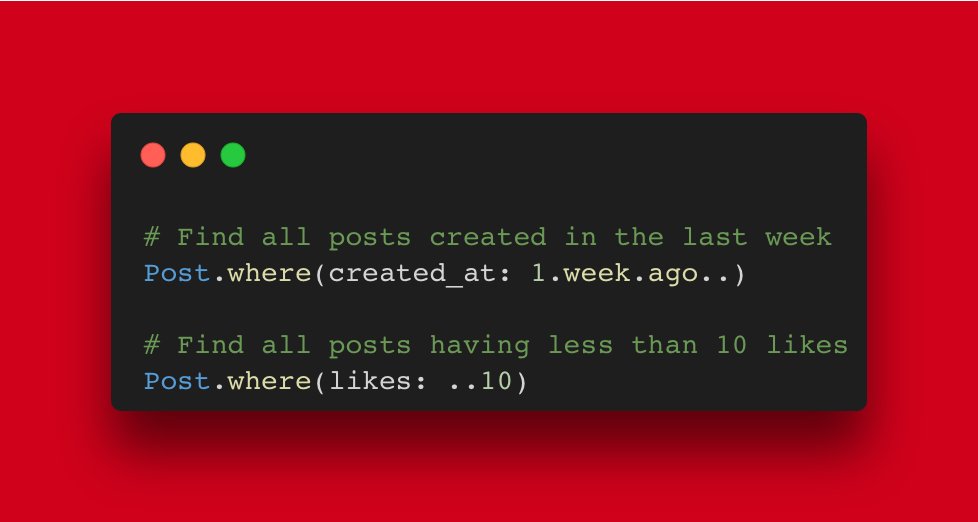 websebdev's tweet image. 💎Rails tip💎
You can use infinite ranges with dates and numbers in your ActiveRecord queries.
Examples ⬇️
#ruby #rails #rubyonrails