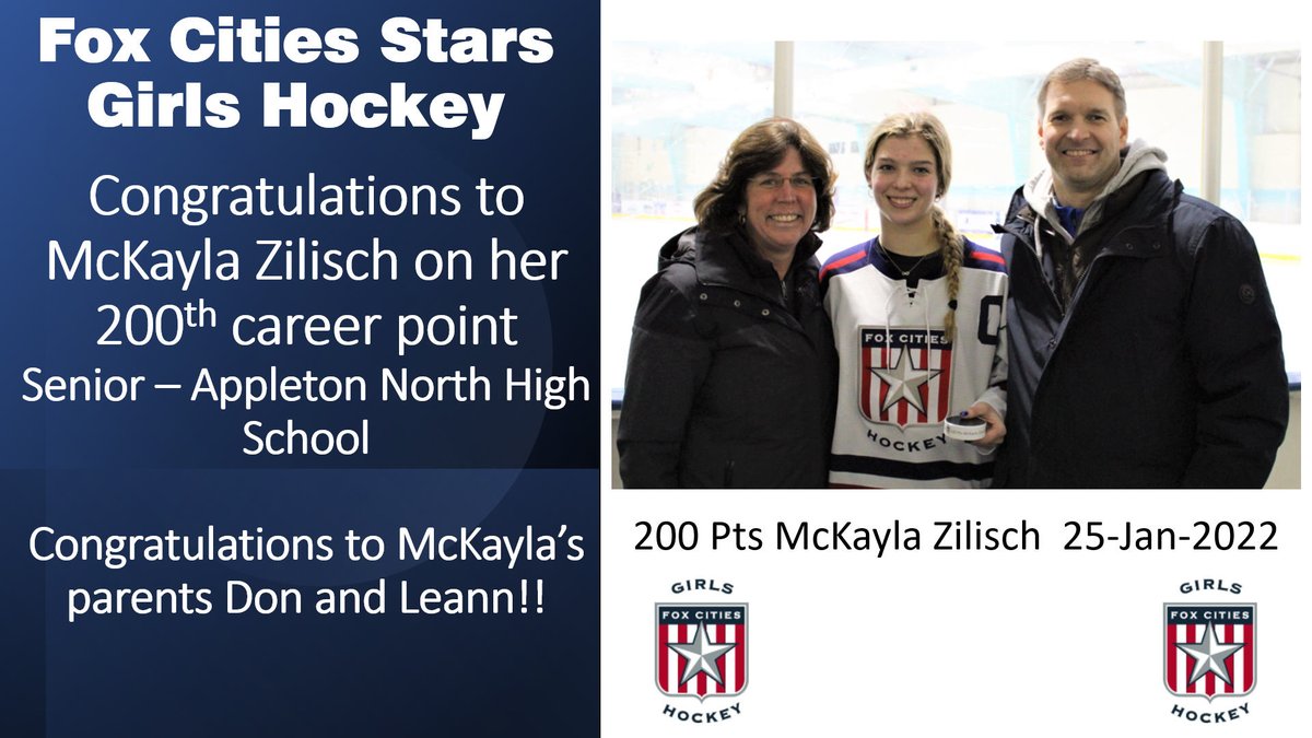 fcstars_girls's tweet photo. Congratulations to Fox Cities Girls Hockey Senior #26 McKayla Zilisch, Appleton North High School @ANActivities @ANorth_Booster, on her 200th career point!! https://t.co/lUCMEO7Rwk