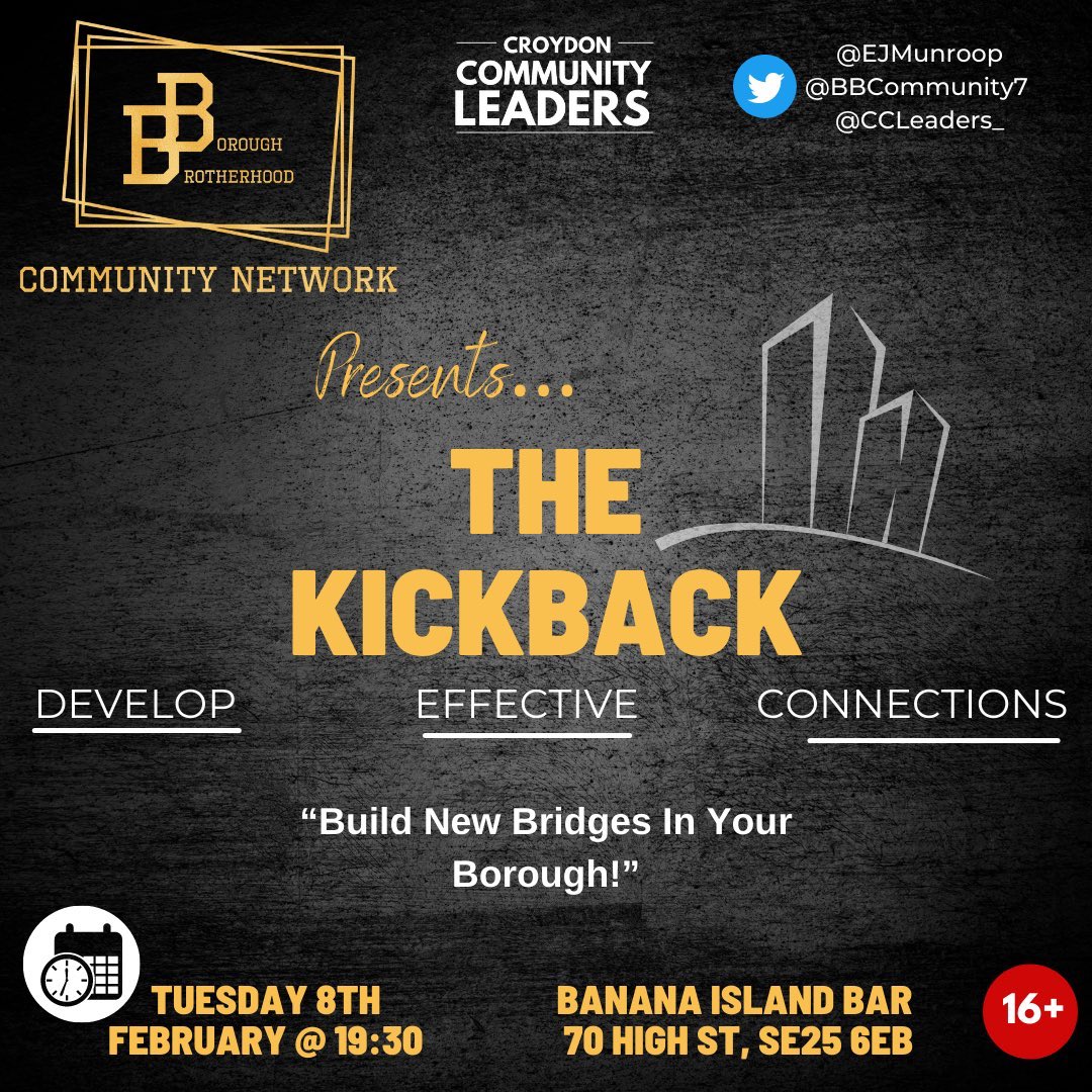 CroCommunityLeaders (@ccleaders_) on Twitter photo It’s long over due we had a space for young men across the borough to gather together in partnership and collaboration💫💙
Tuesday 8th Feb - 19:30pm
Banana Island Bar, se25 6eb
So excited to be facilitating with @EJMunroop <a href="/BBCommunity7/">Borough Brotherhood</a> @CCLeaders_w It’s long over due we had a space for young men across the borough to gather together in partnership and collaboration💫💙
Tuesday 8th Feb - 19:30pm
Banana Island Bar, se25 6eb
So excited to be facilitating with @EJMunroop <a href="/BBCommunity7/">Borough Brotherhood</a> @CCLeaders_w