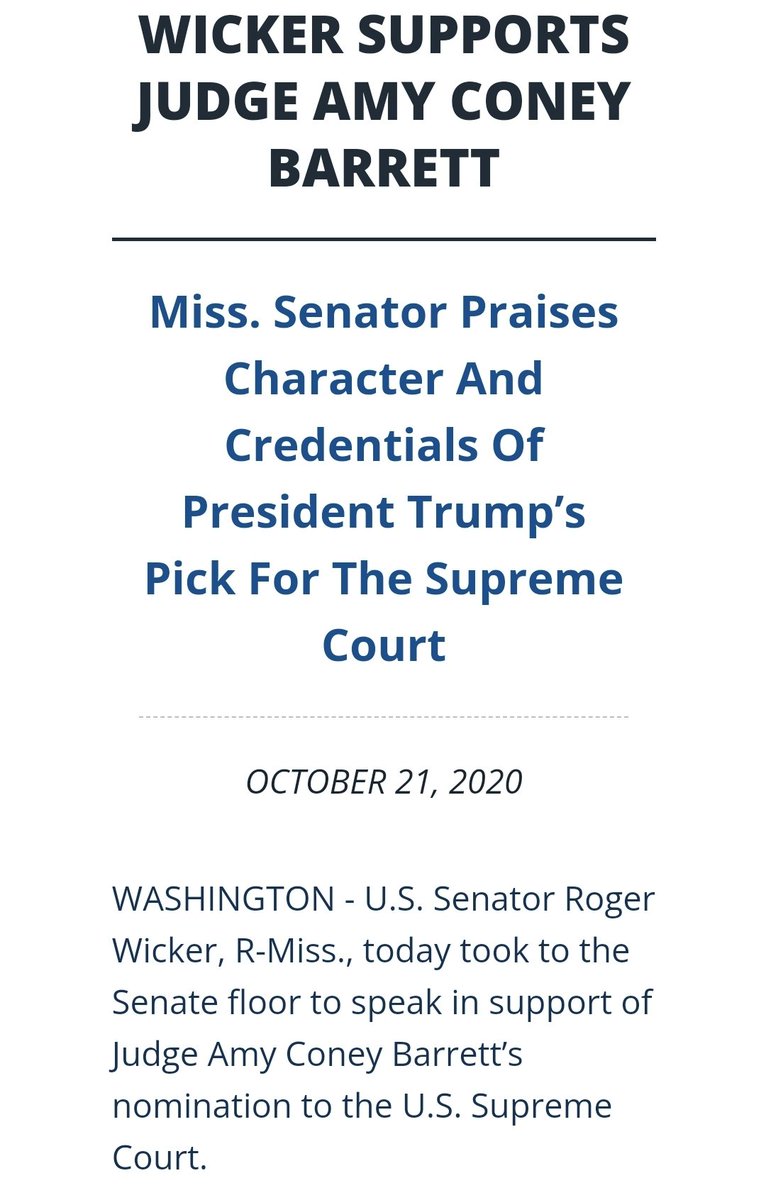 phillipmbailey's tweet photo. The @WhiteHouse called out how @SenatorWicker said this when #Trump promised to nominate a woman.

“I have five granddaughters, the oldest one is 10. I think Justice Amy Coney Barrett will prove to be an inspiration to these five granddaughters and to my grown daughters...” #MSen https://t.co/2EvGaYsmz9