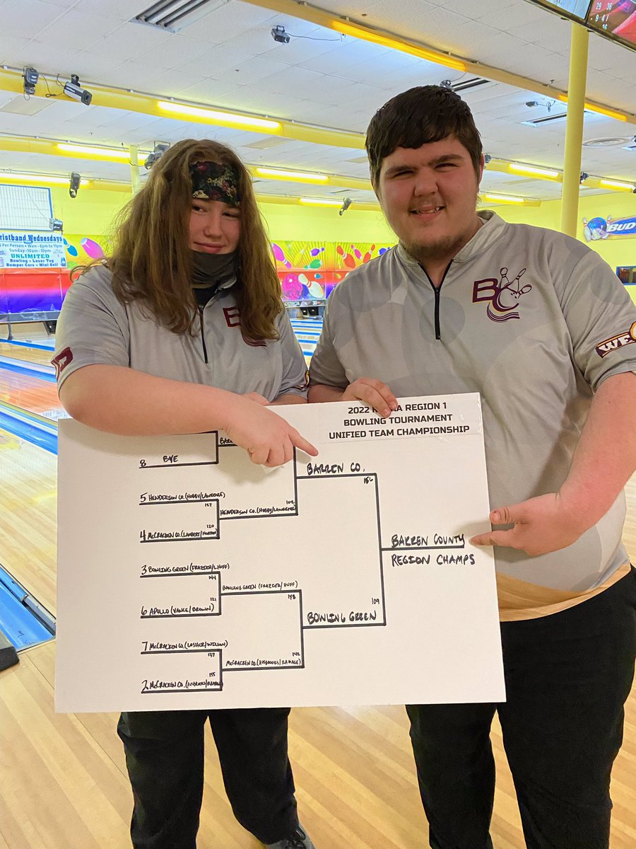 Congratulations to Quintin McKenzie and Kadyn Hargis on winning the Region 1 Unified team bowling tournament! Great job guys! 🎳 🥇 #WeAreBC