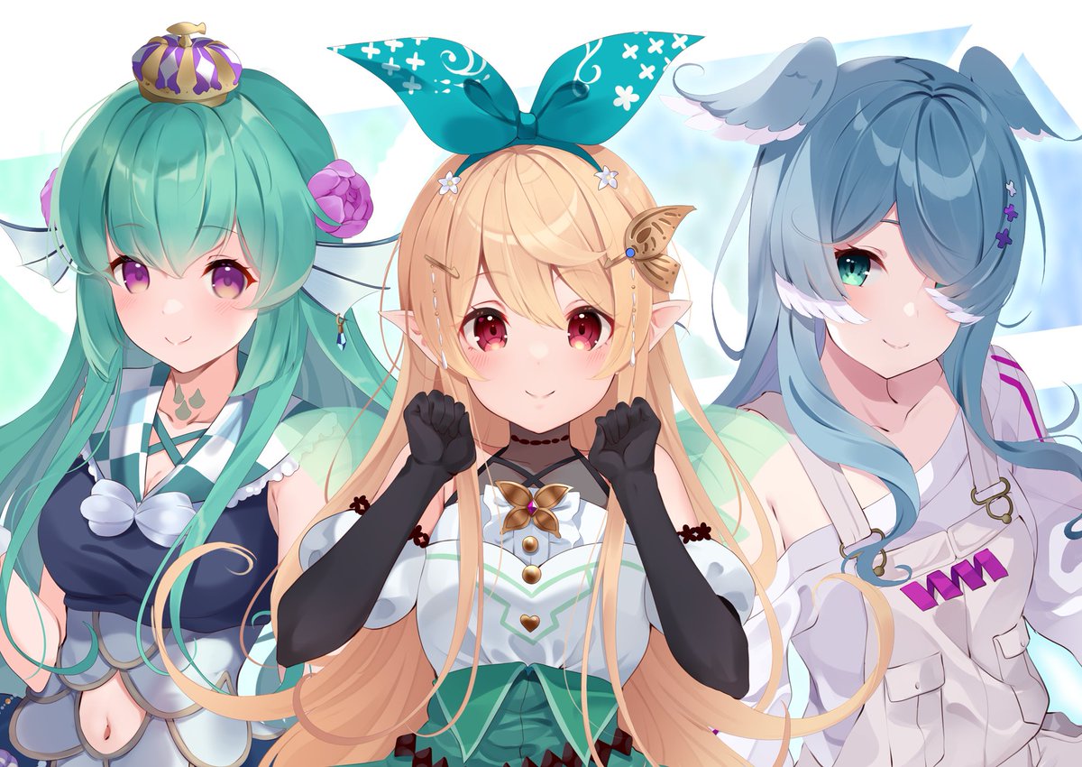 elira pendora ,finana ryugu ,pomu rainpuff 3girls multiple girls fish girl head fins gloves navel cutout elbow gloves  illustration images