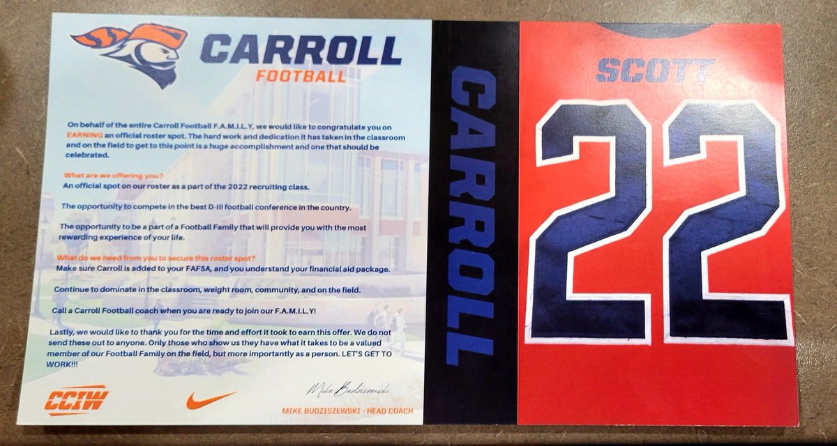 Lscott_81's tweet photo. After a great visit with @CoachBuddah @CoachHolleyCU and @OLCoach_Ack I’m happy to announce I have received an official offer to continue my academic and athletic career at Carroll University @CoachComes @Cehsfootball @CoachThiele @LarrySc32735908 @CoachTaylorCeHS @piofootball https://t.co/ro1TLkAzuu