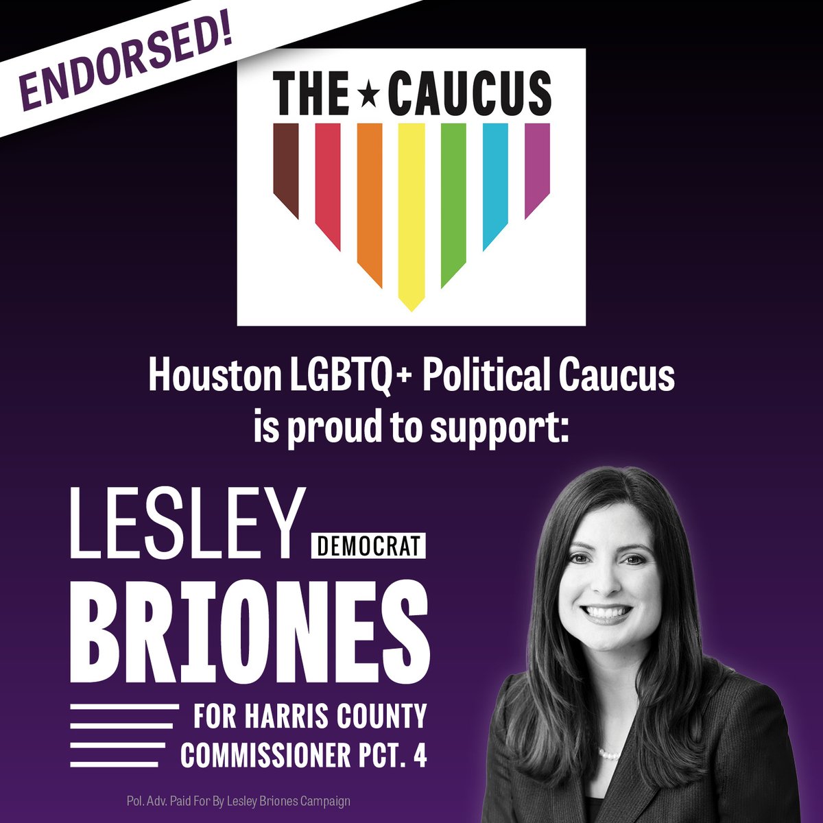 Thank you, Houston LGBTQ+ Political Caucus, for honoring me with your endorsement! I am grateful for your confidence in me and for the tremendous work you do to make our city, county, state, and nation a more equal, fair and just place for LGBTQ+ people and all of us.