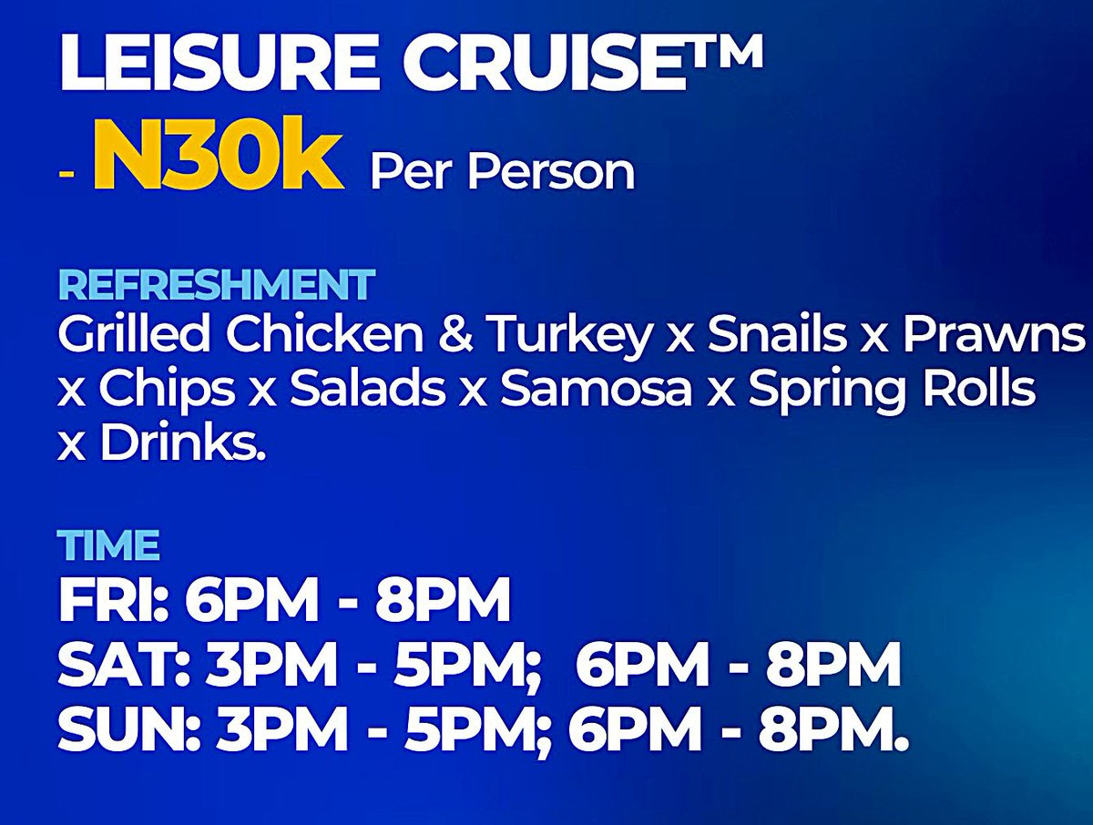 Grandpa_Vybz1's tweet photo. Get your Tickets!

This is going to be "The Best Luv Experience", this Valentine.
. . . . Love at the Seaside.

Valentine's Specials - BOAT CRUISE by @BarrelsBoatClub. 

#LiesureCruise™ #LoversTryst™ #SeasideFlex™ #LetsCruise™

Kindly Retweet 🔃 https://t.co/MMVXG1801z