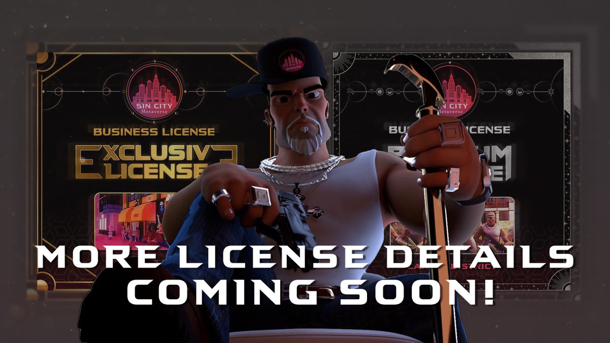 🚨 BUSINESS LICENSE DETAILS 🔊

We're announcing more details on our business licenses VERY SOON! $SIN City #Metaverse WHITELIST spots are filling up quick!

👉 sin-city.io/home and navigate to "Staking"!

*Beware of malicious links, stake ONLY on our official website! 🚨