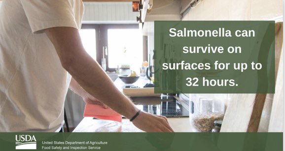 USDAFoodSafety's tweet photo. #DYK bacteria found on raw meats, such as Campylobacter &amp; Salmonella, can survive on surfaces for up to 32 hours? This includes on spice containers &amp; countertops, too! Always clean &amp; sanitize surfaces before &amp; after food prep for safety. #MeatMonth #FoodSafety https://t.co/OMPPtRnmmD