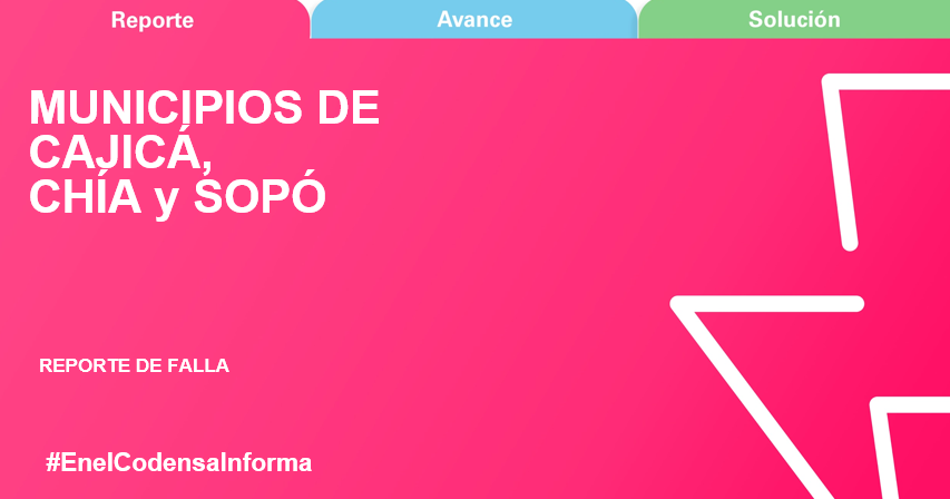 EnelClientesCO's tweet photo. [5:57 p.m.] #Atención Presentamos falla en una parte de los municipios de #Cajicá, #Chía, y #Sopó. Nuestro equipo técnico se desplaza a la zona para identificar la causa. La normalización del servicio se estima a las 10:00 p.m., si no se presentan imprevistos. #EnelCodensaInforma https://t.co/JMBo39PDA1