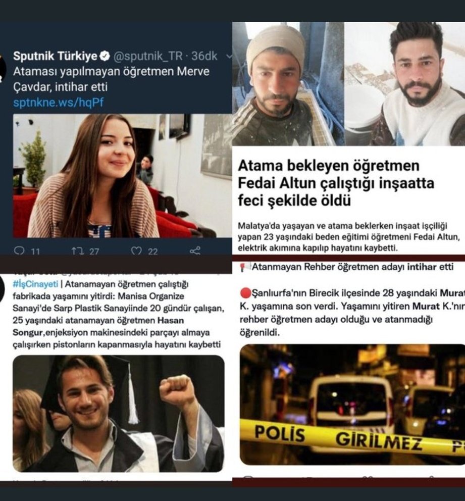 Merve Çavdar ve 28 yaşındaki Murat K intihar etti. Hasan Songur ve Fedai Altun ataması yapılmamıştı, onlarda hayatını kaybetmişti. Hepsi görevini yaptı. Mezun oldu. İhtiyaca rağmen ataması yapılmayan öğretmenler ölüyor, farkında mısınız? Farkında mısınız? 

#MuratÖgretmenimGittin