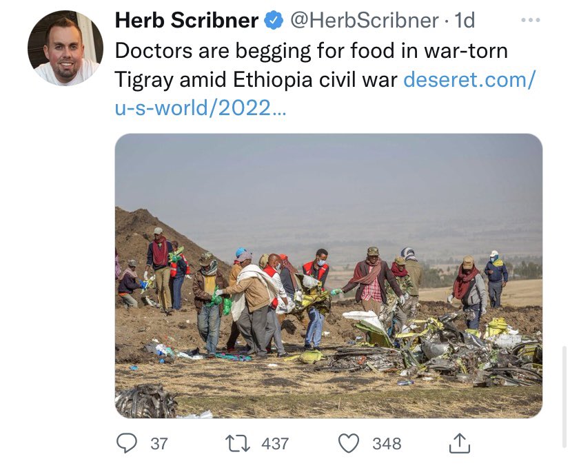 HermelaTV's tweet photo. Standard! Another example of a lazy racist so-called journalist perpetuating tired Africa stereotypes. Photo from 2019 plane crash aftermath (in which faulty Boeing equip was found to be source). A simple google reverse search wld have cleared this up. #nomore @HerbScribner https://t.co/f7j4yMVp51