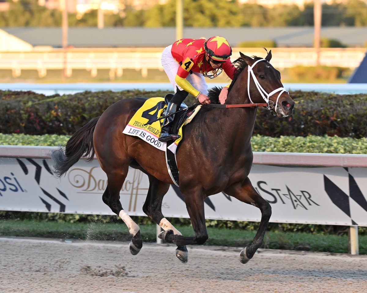 PegasusWorldCup's tweet photo. #LifeIsGood dominates the #PegasusWorldCup Dirt wire-to-wire while #ColonelLiam becomes the first back-to-back winner of a Pegasus World Cup race (Turf). Both champions trained by @PletcherRacing and ridden by @iradortiz. 

#AllForOne https://t.co/GcnN9GSEzi