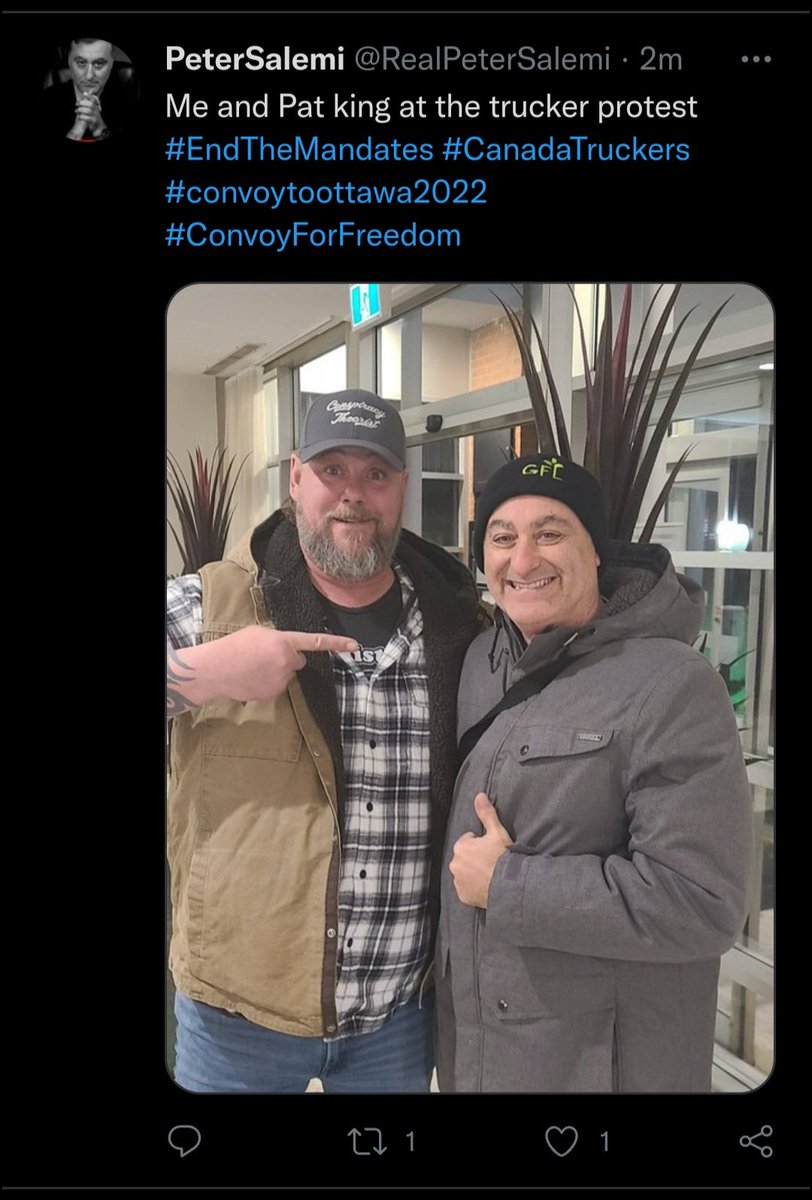 petersalemi's tweet photo. This is @realpetersalemi with  Pat King. Peter knows who Pat is and what he stands for. Look at the pride beaming from his face. It's a certain shade of pride, that's for sure. Birds of a feather...#KarenKonvoy #FluTrucksKlan https://t.co/tawjAjtq3u