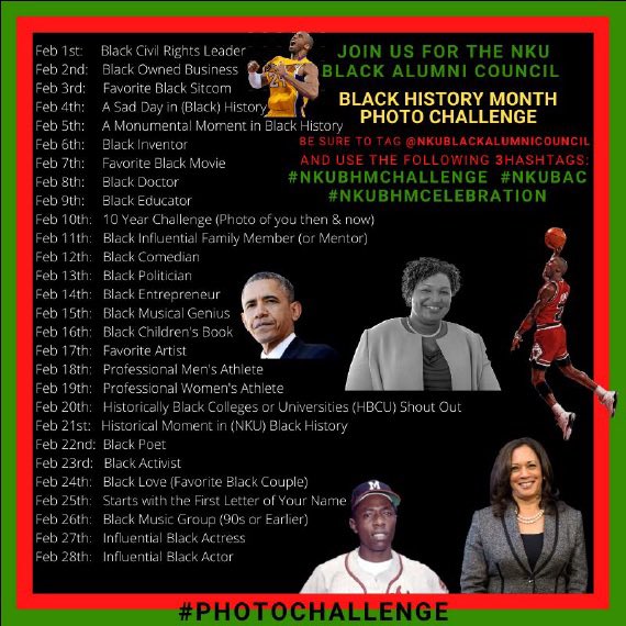 BlackAlumniNKY's tweet photo. Weβre back with another #BHM Photo Challenge! Join us! We have also added a 3rd Hashtag!
Please use this list as your guide and be sure to tag @NKUBlackAlumni using the following hashtags: #nkuBHMchallenge #nkuBAC and #nkuBHMcelebration https://t.co/ohbAJr2E77
