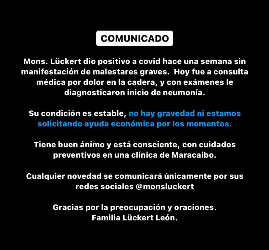 RCR750's tweet image. El arzobispo emérito de Coro, monseñor Roberto Lückert, fue hospitalizado en una clínica de Maracaibo tras haber dado positivo a coronavirus.
A través de sus redes sociales fue difundido un comunicado en el que se detalla que el prelado fue diagnosticado positivo para covid-19.