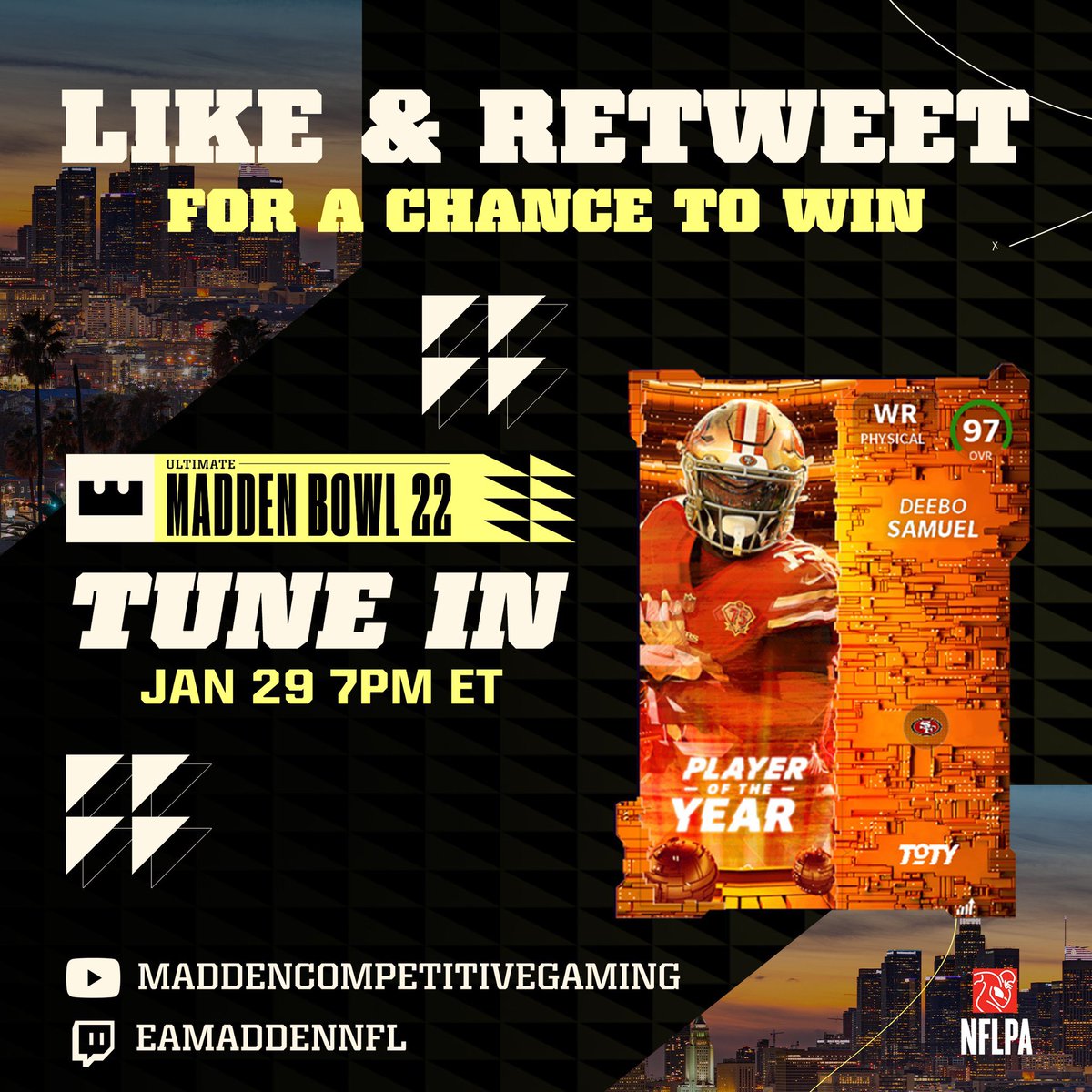 Want a chance to win 97 ovr Deebo Samuel? Follow, like, and retweet for a chance to win. Make sure you tune in RIGHT NOW for the #ultimatemaddenbowl at Twitch.tv/eamaddennfl