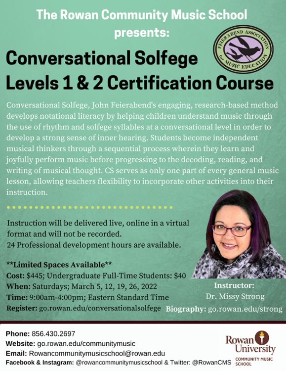 DON’T MISS OUT!! Conversational Solfege Levels 1 &amp; 2 Certification Course with Dr. Missy Strong! Visit go.rowan.edu/conversational… to learn more! #rowancmsproud #rowancms22 #conversationalsolfege #solfege #musiceducation