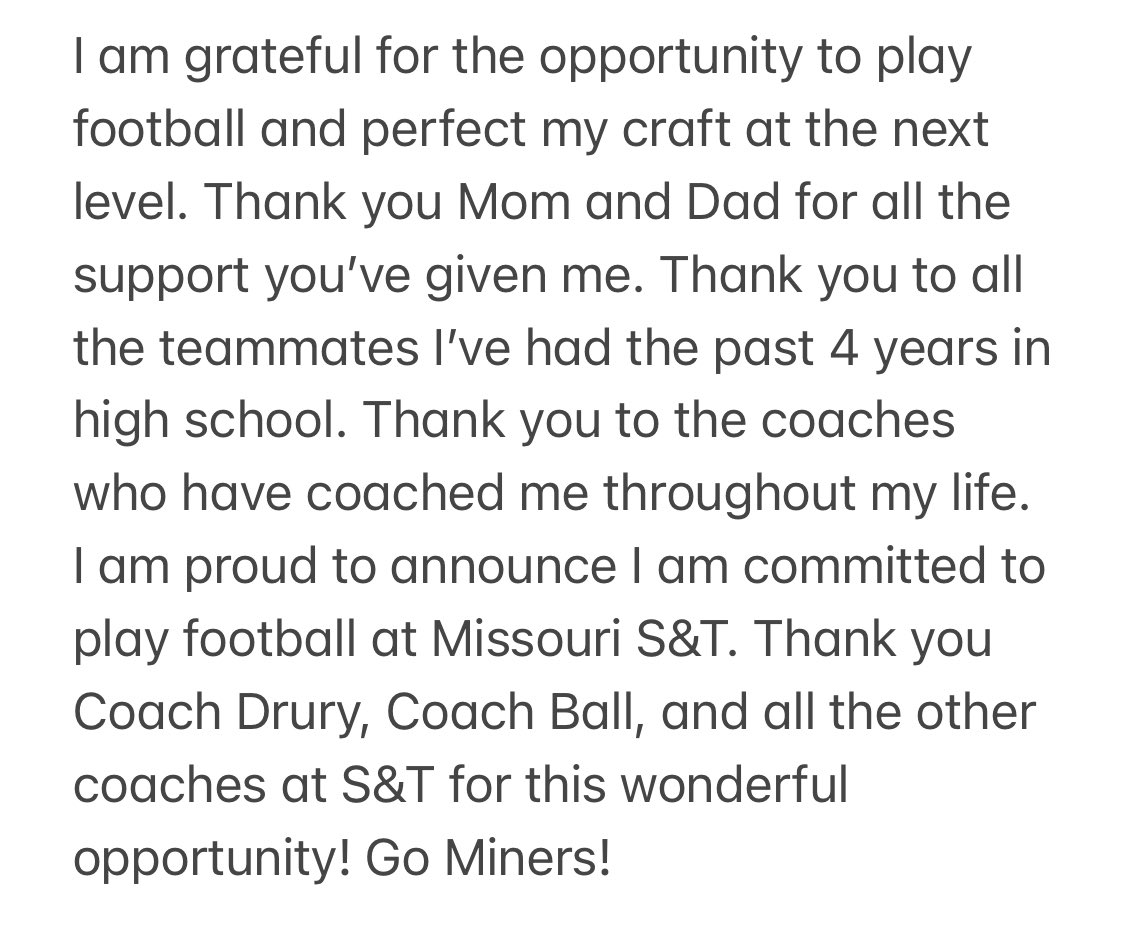 nmcclard003's tweet photo. I am proud to announce I am committed to playing football in college with @Miners_FB! Thank you @ToddDrury @jacksonfbnation @coachball_FB @STLKickers @DmfKskp @DCBrader @CoachRoss_ @CoachHeaton @JPRockMO #pickaxetakenames https://t.co/yQr7wxEH4J