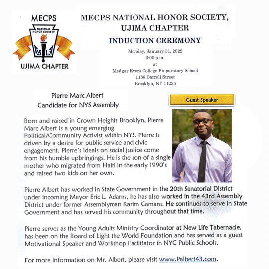 MrPalbert's tweet photo. So happy to go back to my HS @mecpschool and speak at the Honor Society Ceremony. Spoken there many times before for @EOPAIM_at_SBU Recruitment Weekend and to present on a career in Government. This is truly an honor.
#empowerment #leadstrong #GiveBack #centralBrooklyn #43ad https://t.co/MrME5gxOPO