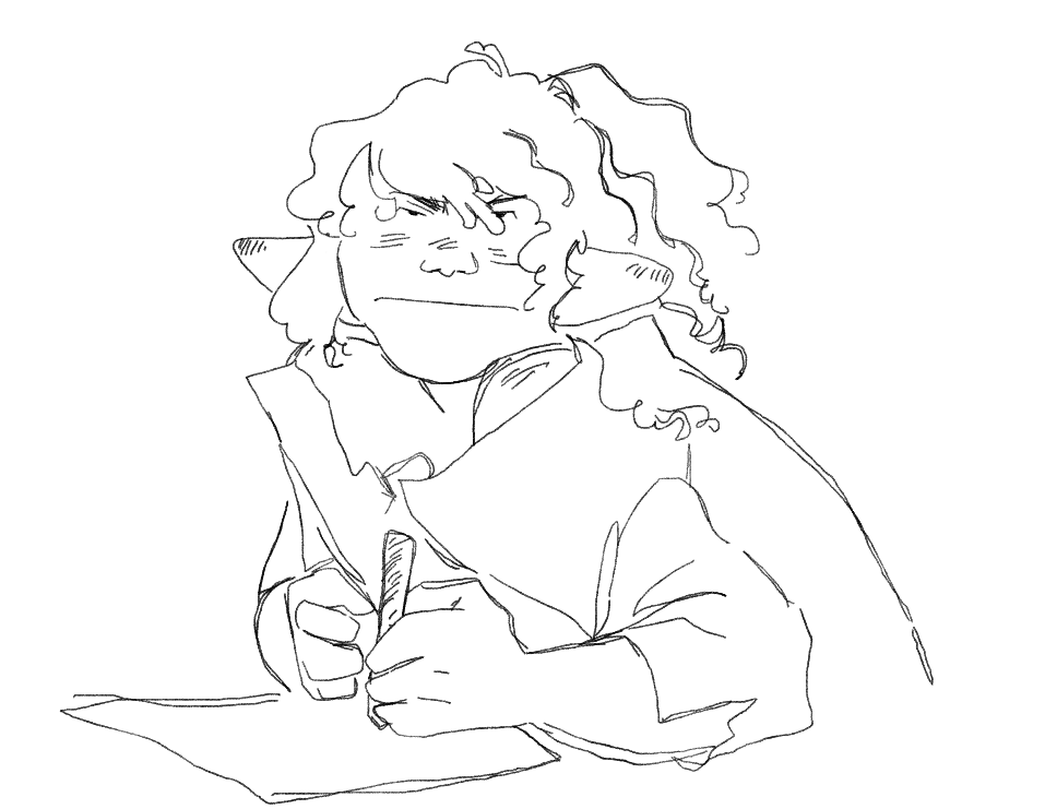 ruyan starts asking hildegarde stuff like can you spell ryders name. rider. can you spell my name. rooon. can you spell your dad (haurchefants) name. and hildegarde just looks at her like this