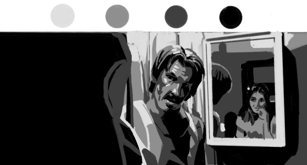 VisdevE's tweet image. value study, 4 shades. i had to do 3 of these, and being the logical person i am, i chose to start with the hardest. prolly took &amp;gt; 1hr. 

shot from no country from old men
#ArtistOnTwitter #sketch #WIP