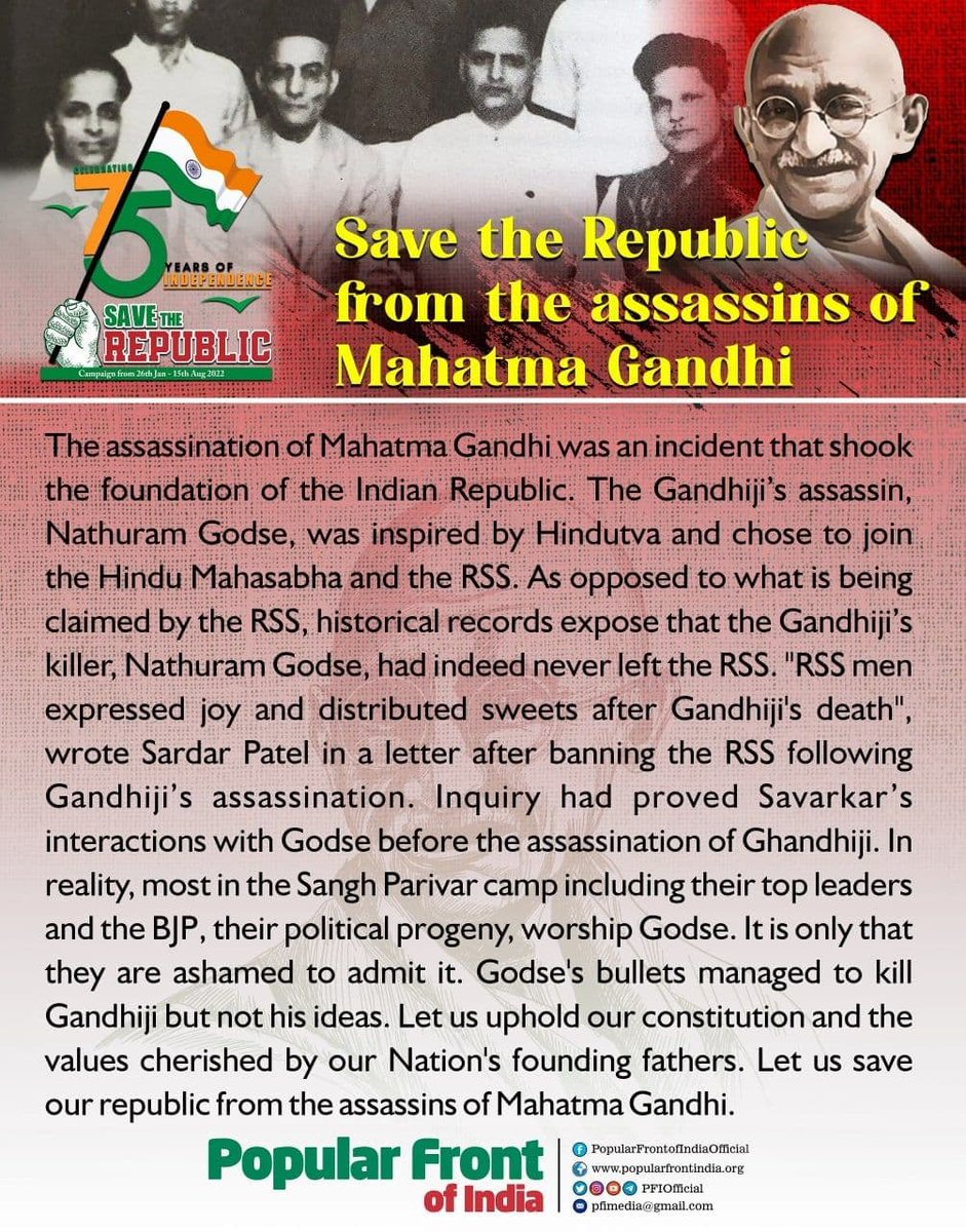 PFIOfficial's tweet photo. Godse's bullets managed to kill Gandhiji but not his ideas...

#SaveTheRepublic 
#AntiNationalRSS 
#MahatmaGandhiji https://t.co/nQnqJNVoRI