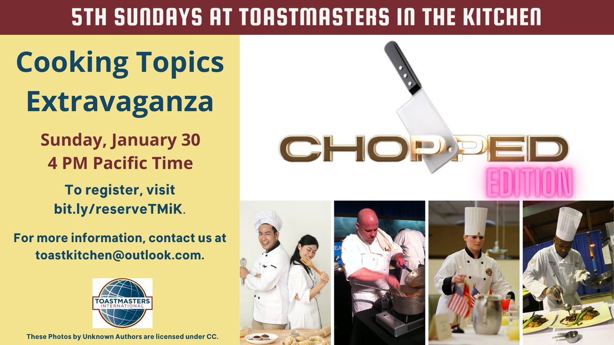 You are invited to our second 5th Sunday at Toastmasters in the Kitchen tomorrow, January 30, at 4 PM Pacific Time on Zoom!

Our special theme is Cooking Topics Extravaganza. 

To register, visit bit.ly/reserveTMiK.

For more information, contact toastkitchen@outlook.com.