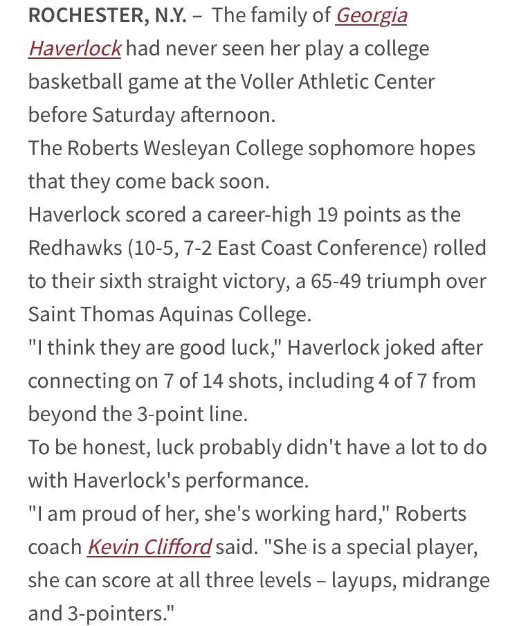 Former Fusion standout &amp; Ithaca HS grad <a href="/georgiahverlck/">Georgia Haverlock</a> w/career high 19pts in win over STAC!  Georgia enjoying a tremendous season!  Congrats Georgia!
<a href="/18SportsAndy/">Andy Malnoske</a> <a href="/SGAndrewLegare/">Andrew Legare</a>