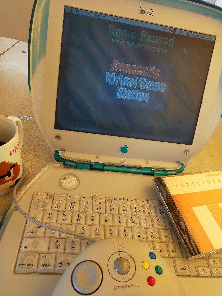 RuiReiChannel's tweet photo. デザインが可愛いクラムシェルiBookでナムコミュージアム!ピピンのコントローラーの組み合わせが気に入ってます♪✨😊
#iBook #pippin #CVGS #namco https://t.co/rIV11mbjLT
