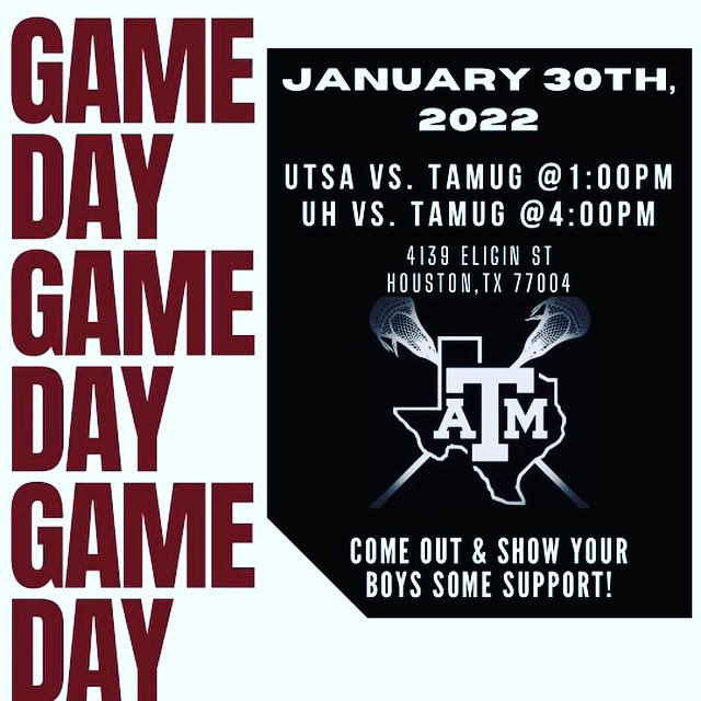 TAMUG_Lacrosse's tweet photo. ITS ALMOST GAME DAY!! Come out, show some support and watch some amazing lacrosse ! https://t.co/tLyO8gr8M9