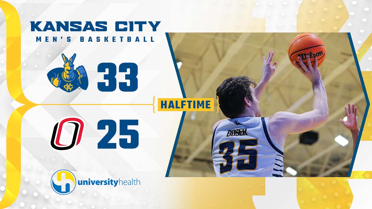 Half | Caden Boser has 3⃣ threes in the first half while KC takes an eight-point lead into halftime.