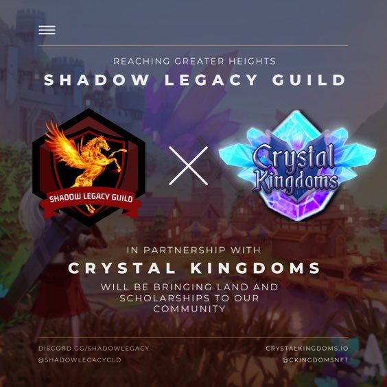shadowlegacygld's tweet image. Shadow Legacy Guild is excited to announce our partnership with @CKingdomsNFT! The in game scholarship features will be live in 2 weeks! The team &amp;amp; community behind the project is outstanding. We hope to have a long partnership as both teams work well together for this goal.